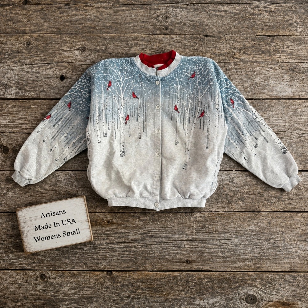 Artisans Vintage Womens Small Cardinal Birch Tree Button Front Cardigan Gray USA
